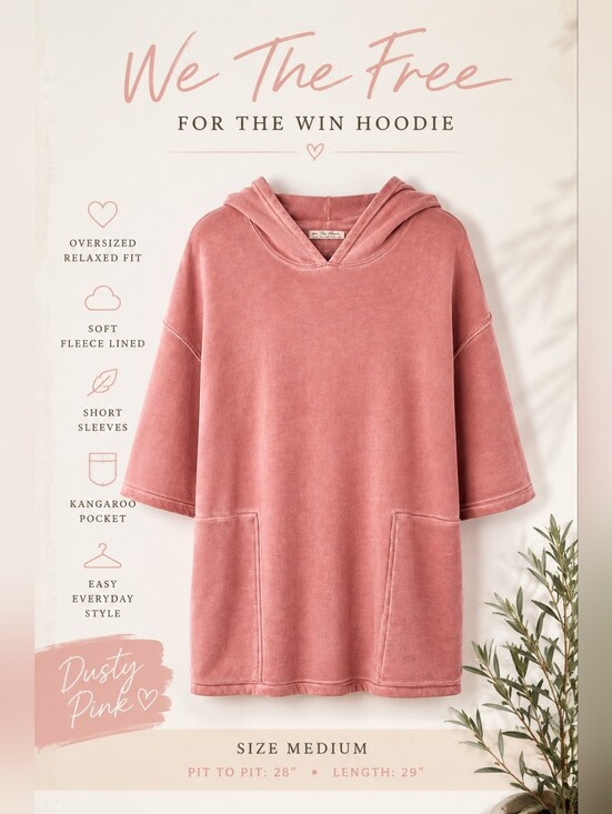 We The Free Tops - We The Free For The Win Hoodie Sweatshirt M Dusty Pink Oversized Short Sleeve FP